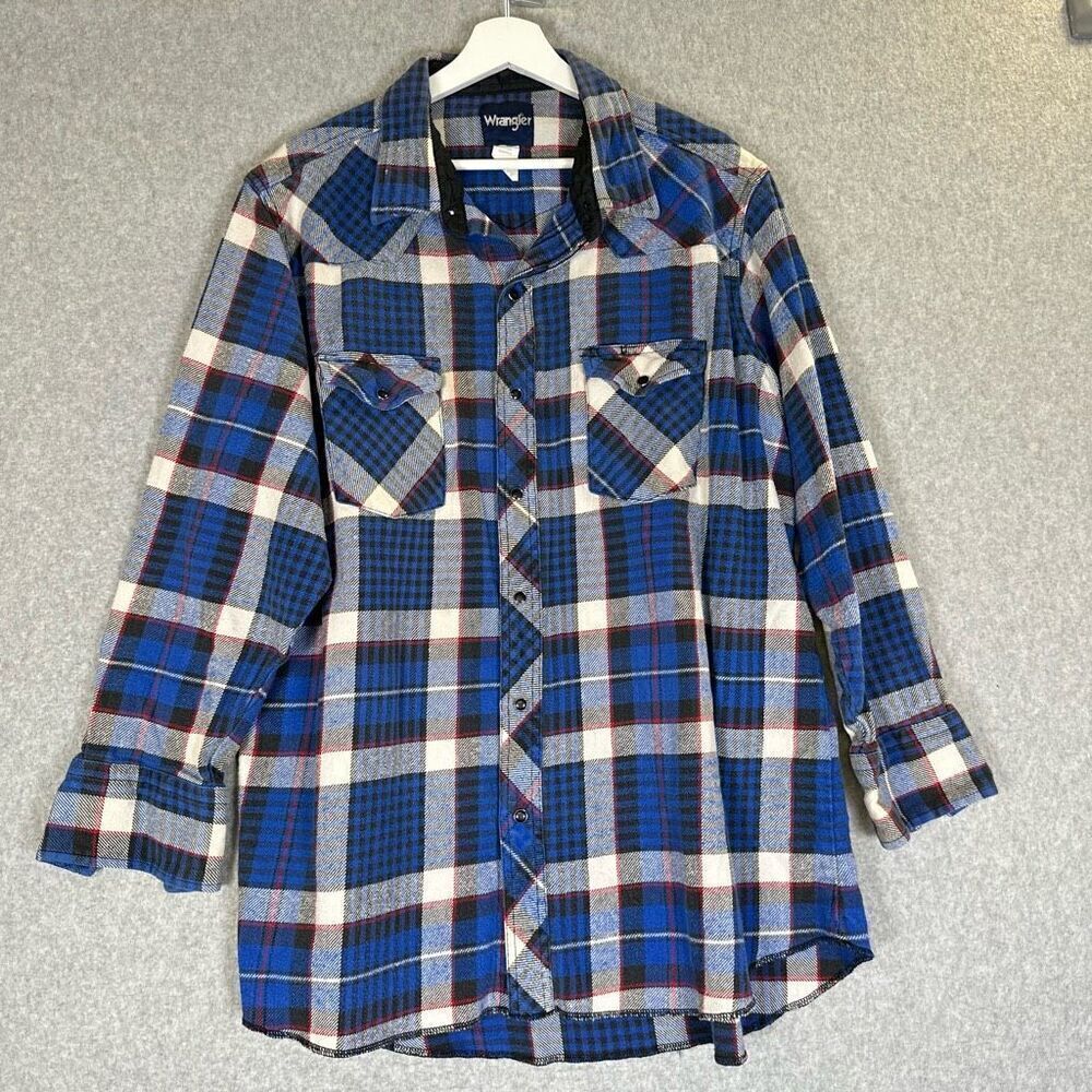 Wrangler Mens Size 18 Button Front Flannel Shirt Blue Plaid Long Sleeves Pockets